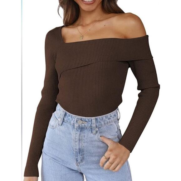 Lillusory Off the Shoulder Ribbed Sweater Brown Size XS Knit Pullover Going Out - Picture 1 of 8